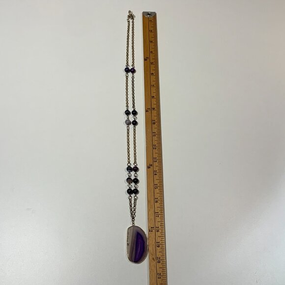 Purple Agate Pendant Necklace Gold Tone Chain Statement Stone Boho Jewelry - Picture 5 of 6